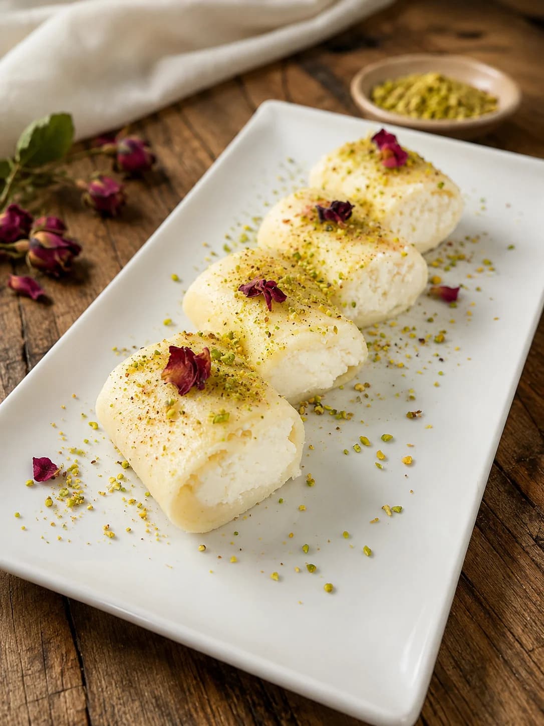 Homemade dessert topped with pistachios and rose petals at Layali Beirut